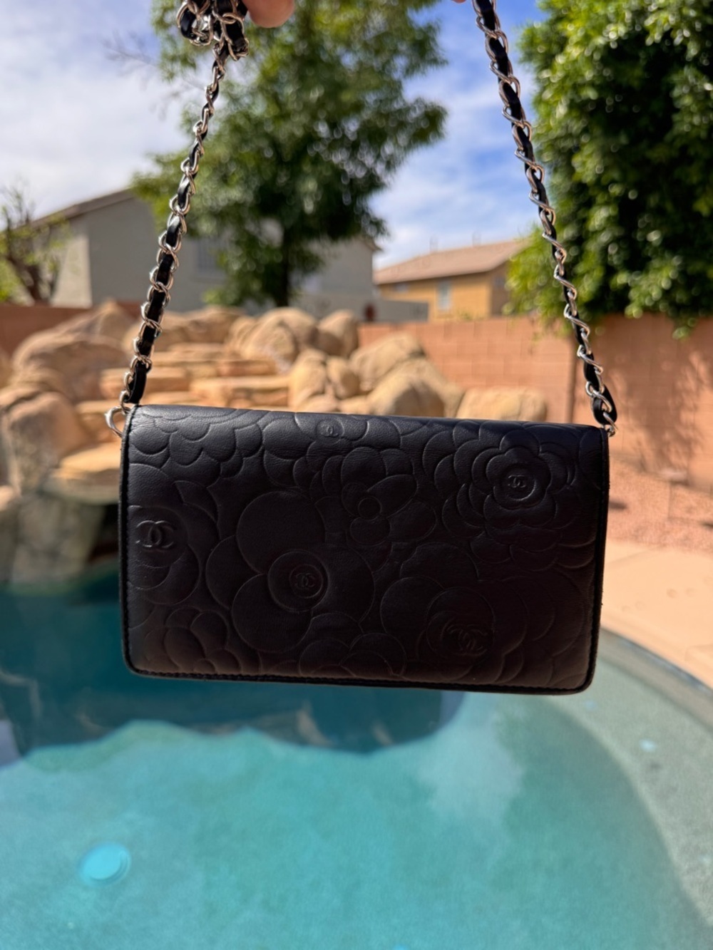 Authentic CHANEL Black Camellia Quilted Leather Shoulder Bag with Chain Strap - Picture 2 of 12
